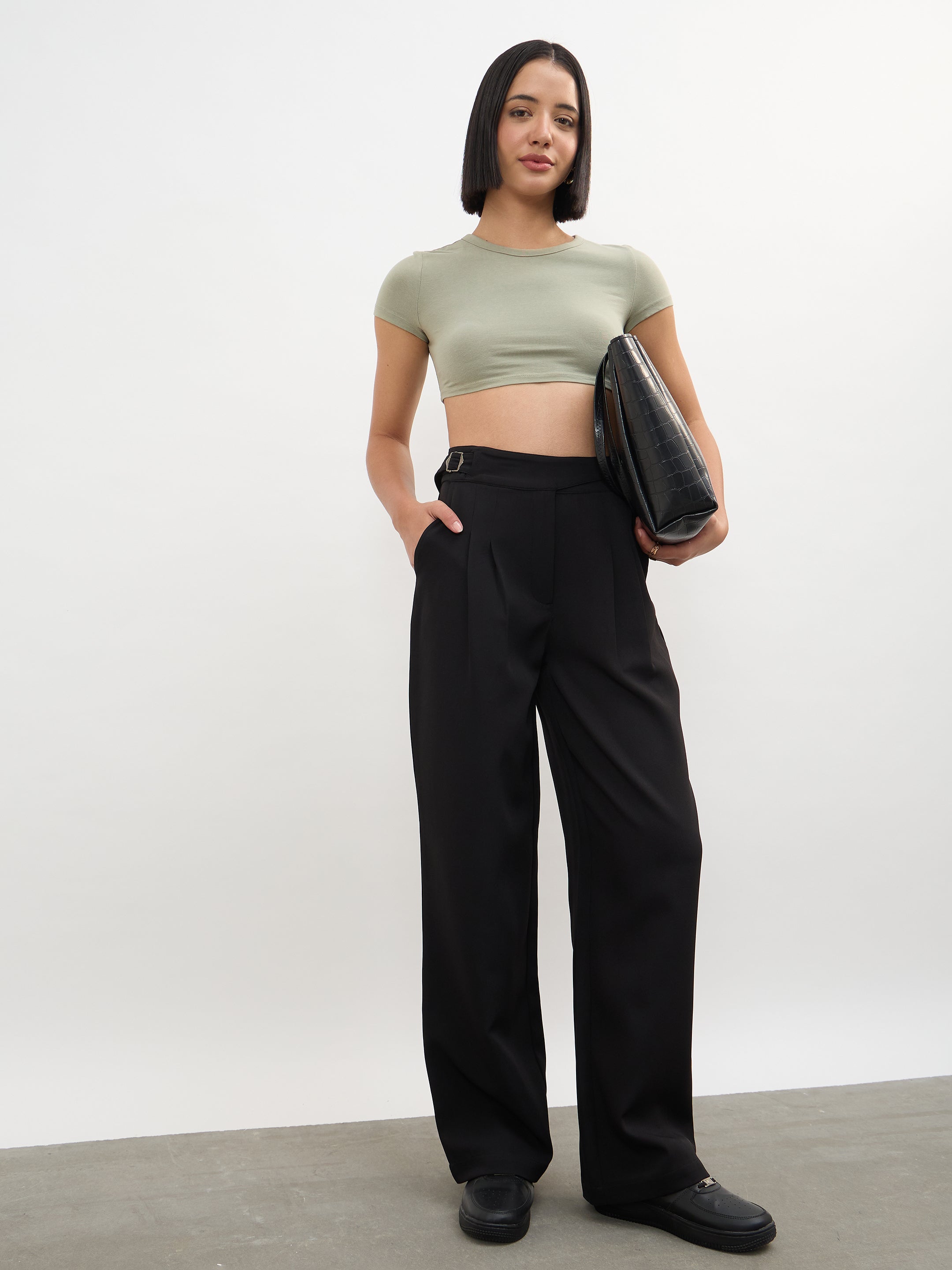 Women Black Double Waist Adjuster Korean Pants