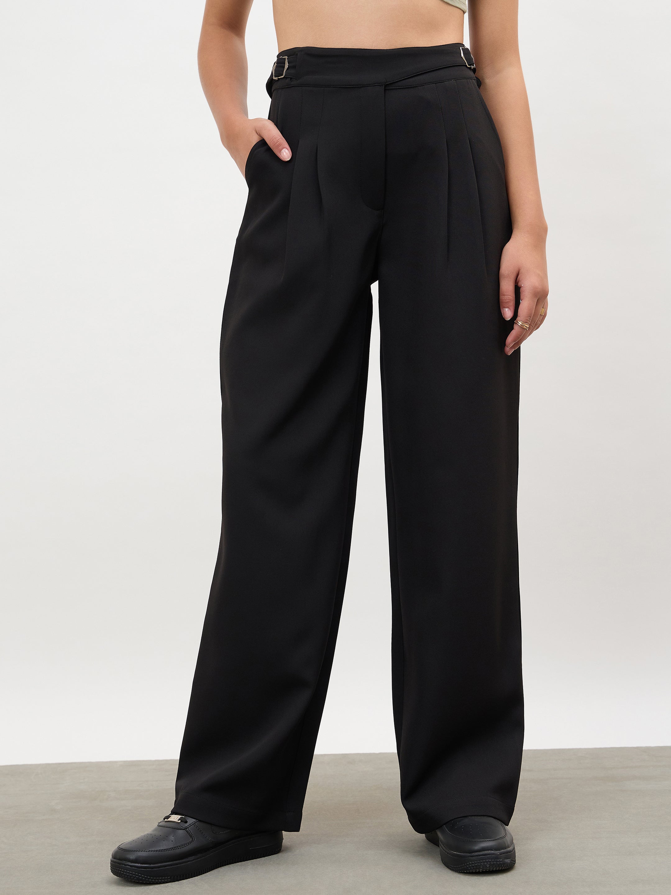 Women Black Double Waist Adjuster Korean Pants