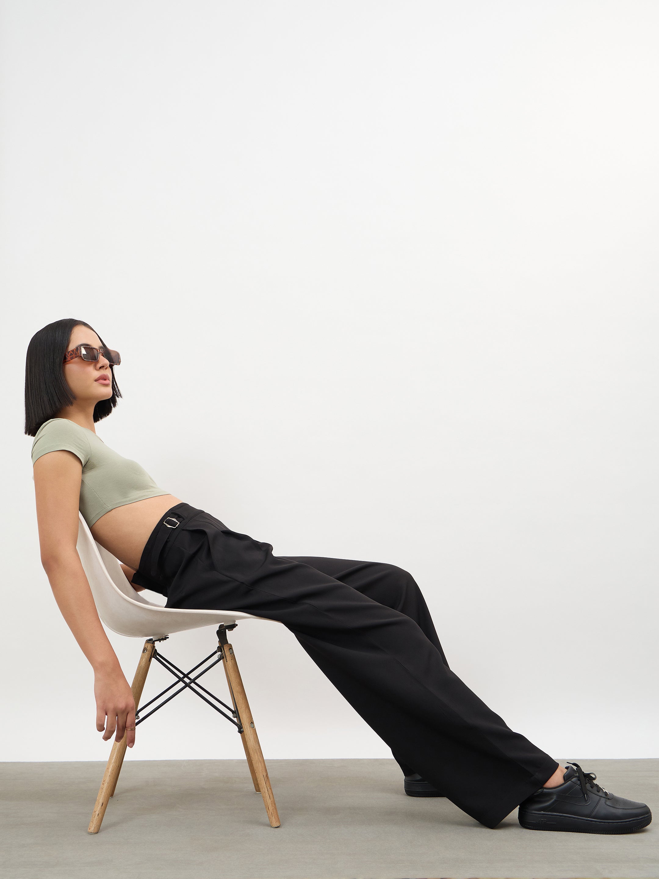 Women Black Double Waist Adjuster Korean Pants