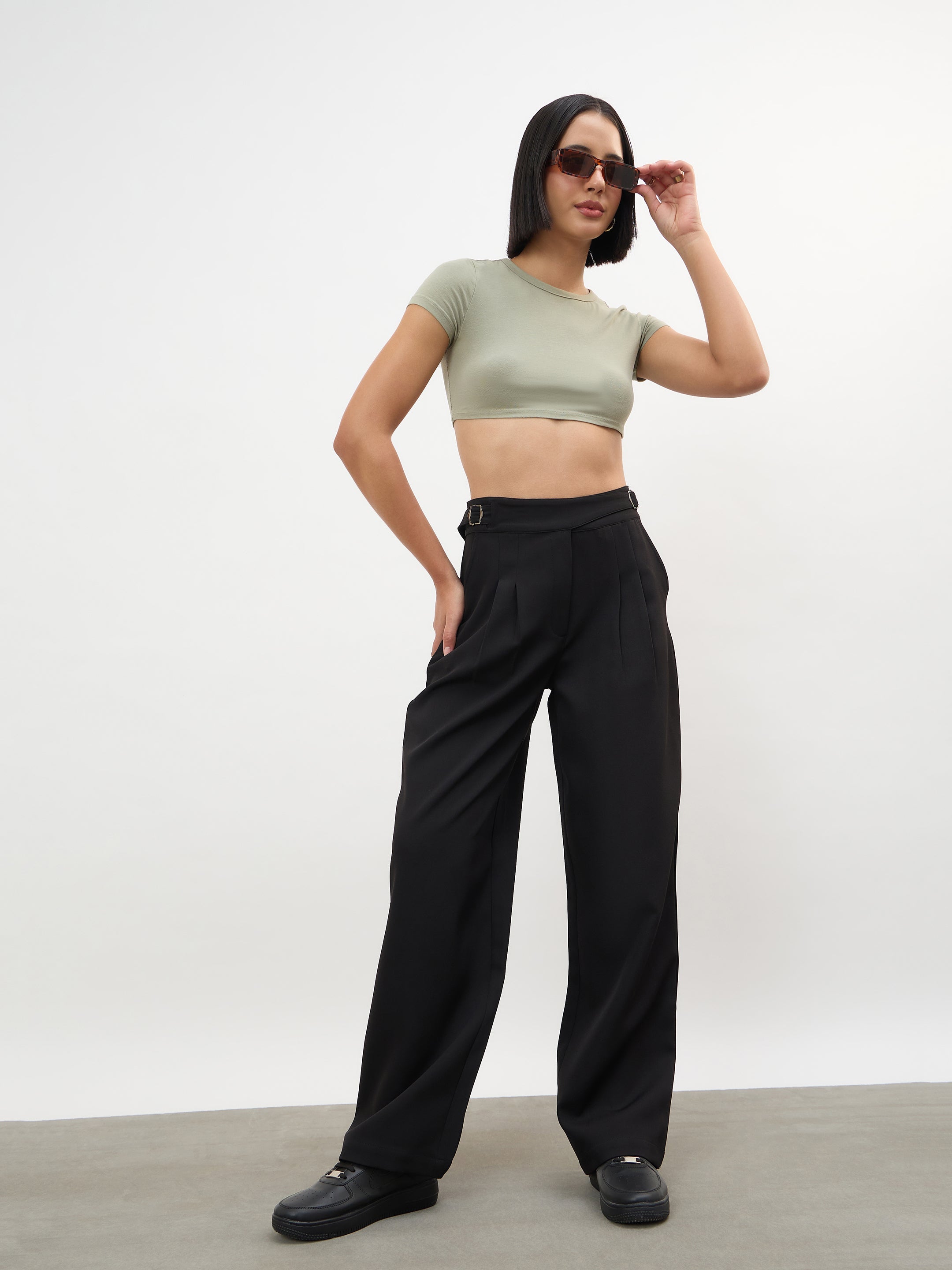 Women Black Double Waist Adjuster Korean Pants