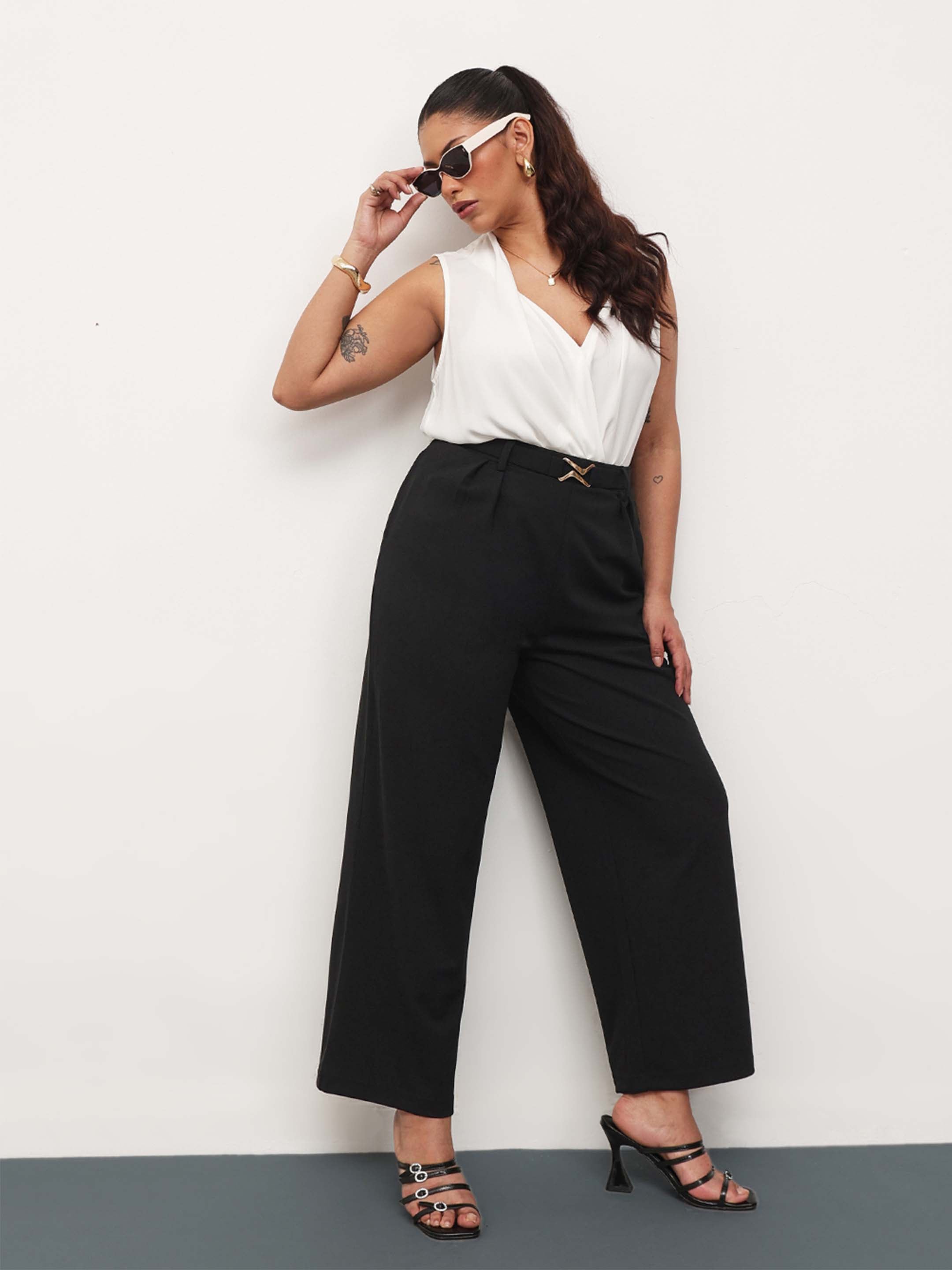 Women Black Front Metal Mock Belted Straight Pants