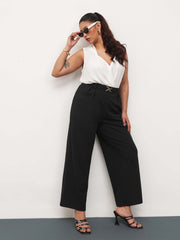 Women Black Front Metal Mock Belted Straight Pants