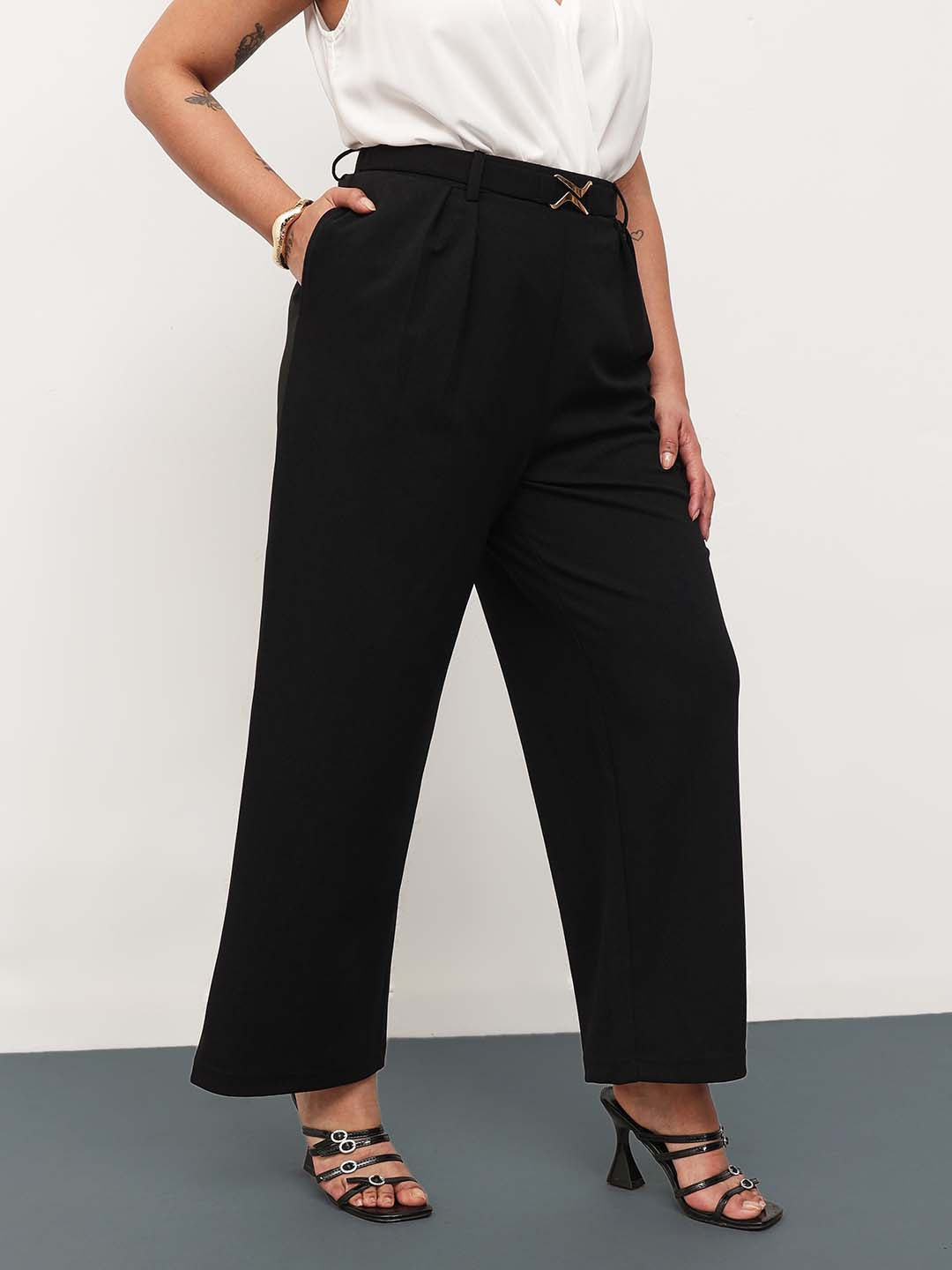 Women Black Front Metal Mock Belted Straight Pants