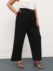 Women Black Front Metal Mock Belted Straight Pants