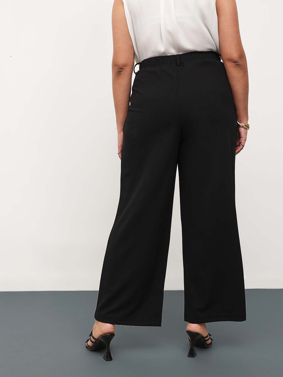 Women Black Front Metal Mock Belted Straight Pants