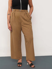 Women Beige Front Metal Mock Belted Straight Pants