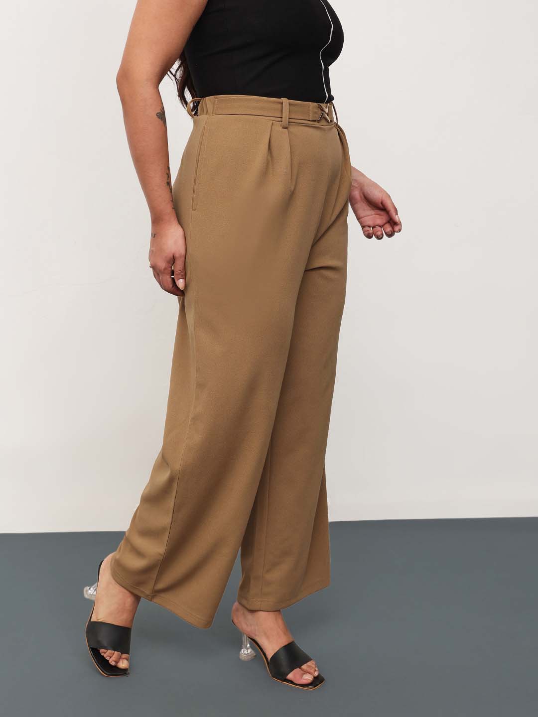 Women Beige Front Metal Mock Belted Straight Pants