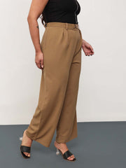 Women Beige Front Metal Mock Belted Straight Pants