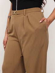 Women Beige Front Metal Mock Belted Straight Pants