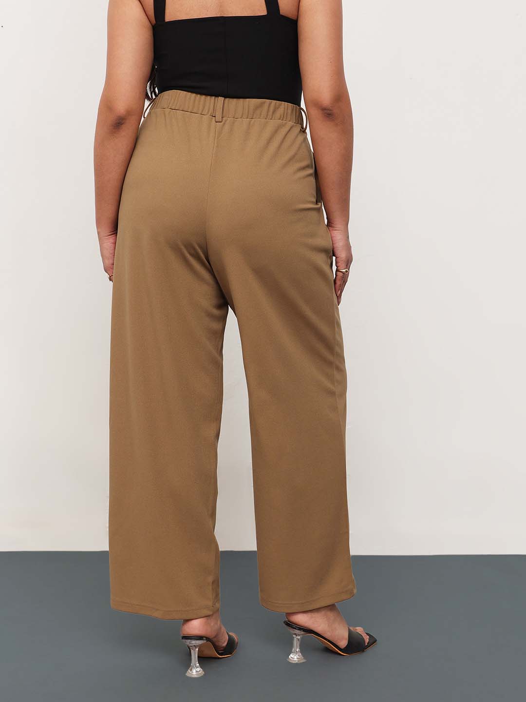 Women Beige Front Metal Mock Belted Straight Pants