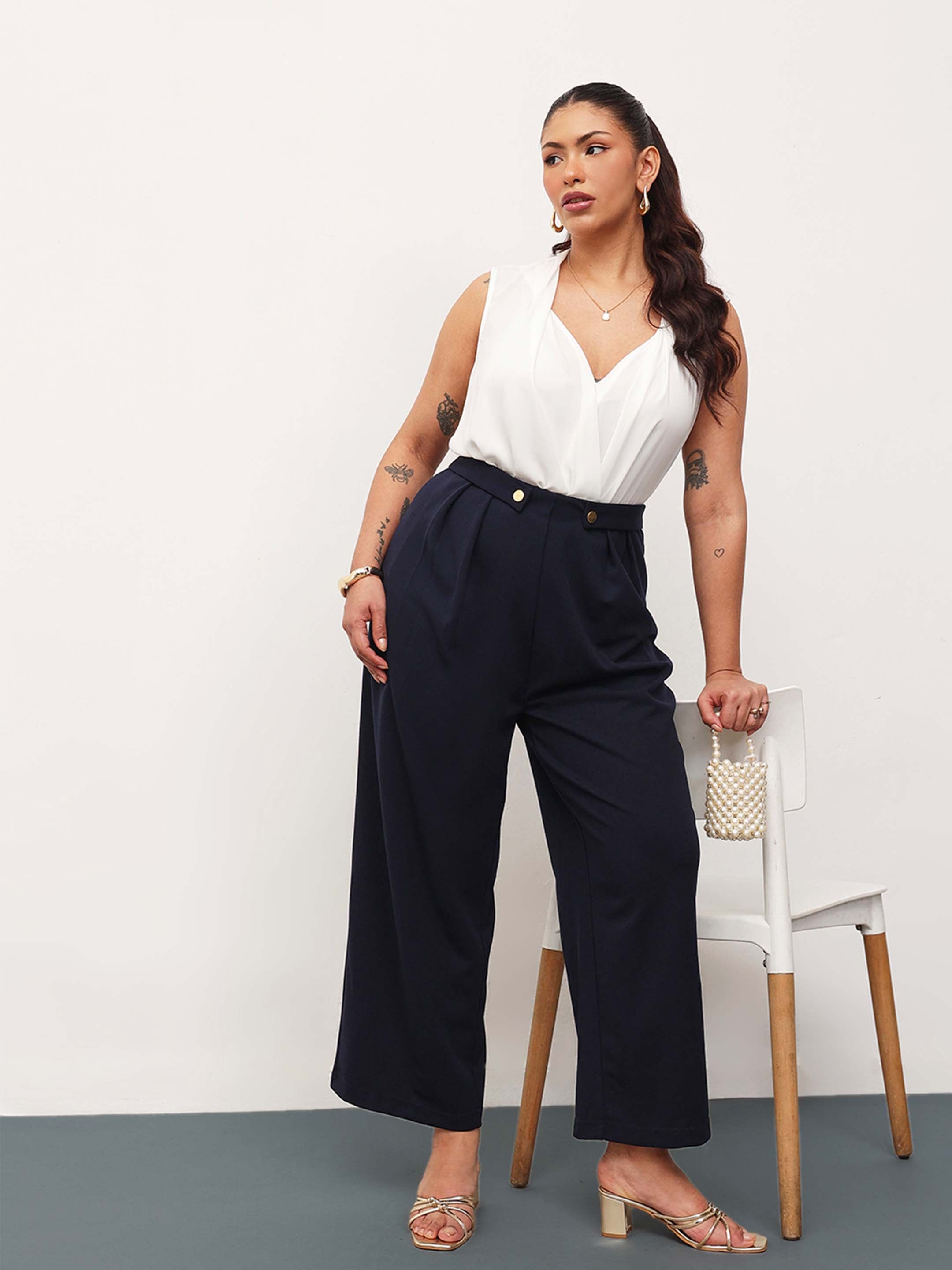 Women Navy Front Pleated Straight Pants