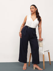 Women Navy Front Pleated Straight Pants