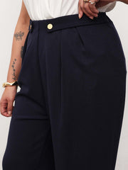 Women Navy Front Pleated Straight Pants