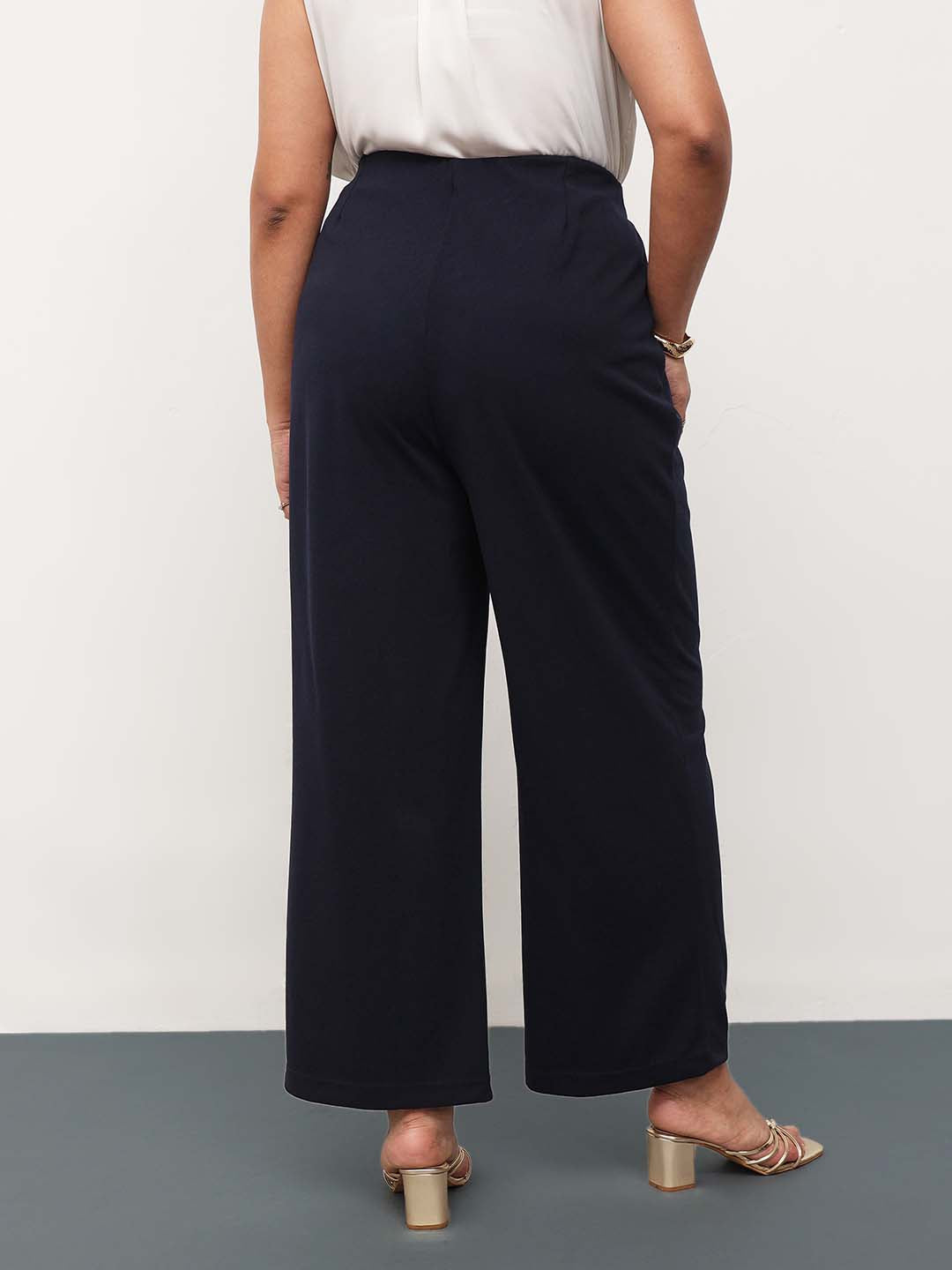 Women Navy Front Pleated Straight Pants