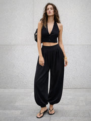 Women Black Front Pleated Balloon Pants