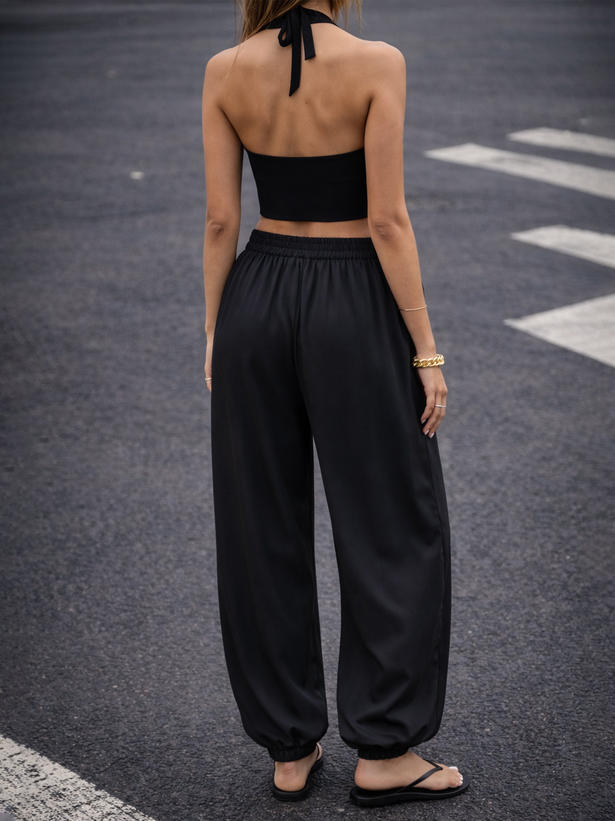 Women Black Front Pleated Balloon Pants