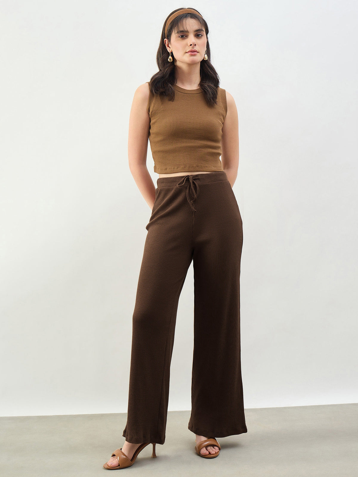 Brown Rib Drawstring Pants-SASSAFRAS BASICS