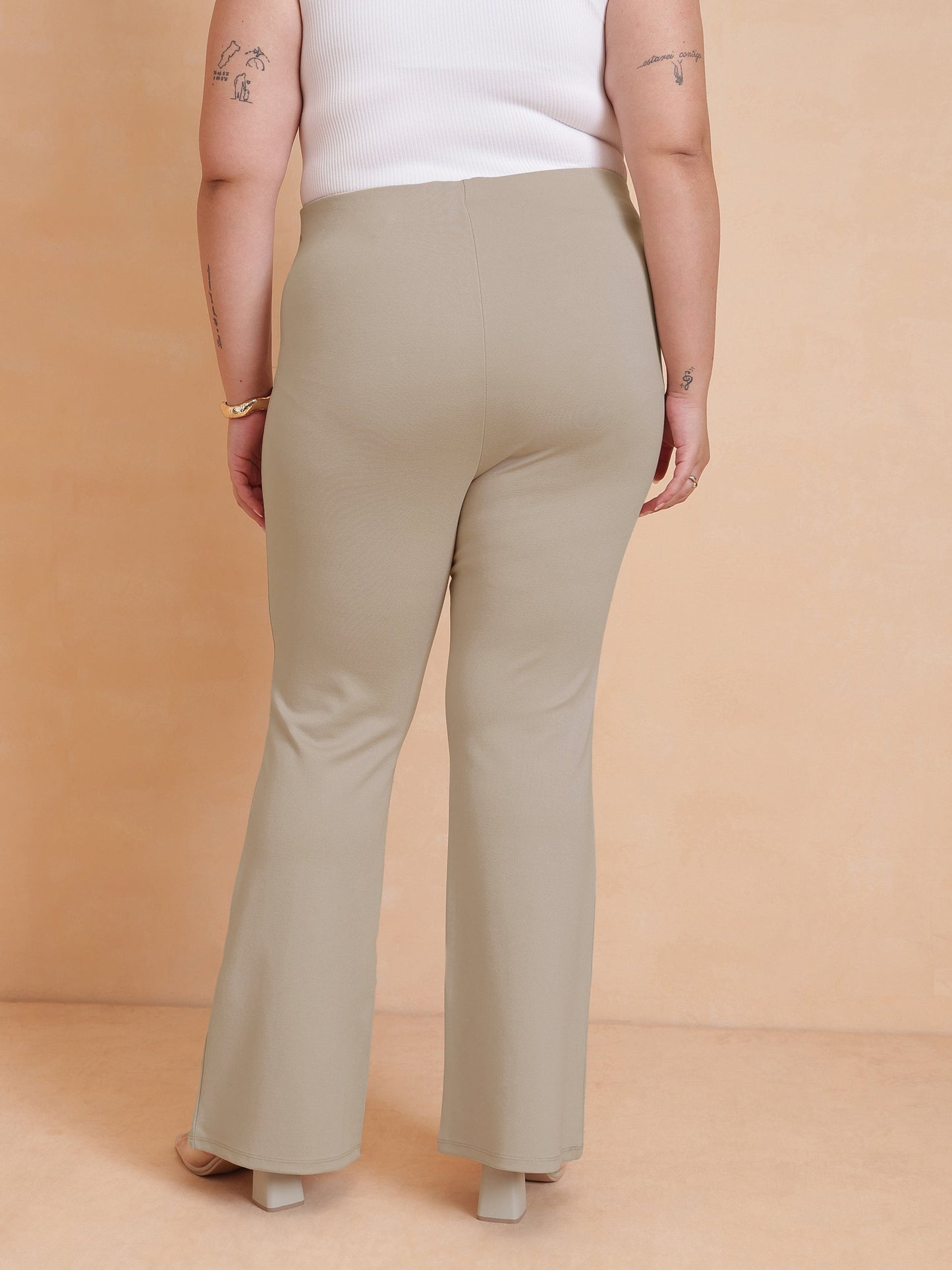 Beige Front Flap Bell Bottom Pants-SASSAFRAS Curve
