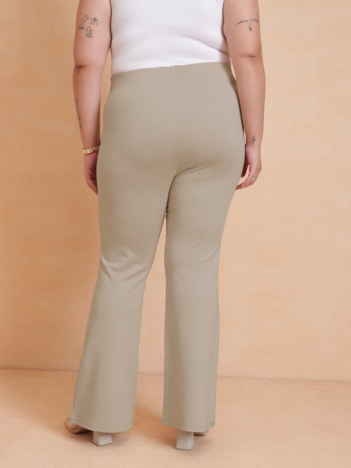 Beige Front Flap Bell Bottom Pants-SASSAFRAS Curve