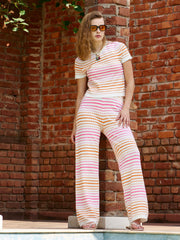 Women Pink & Off-White Crochet Stripes Scalloped Top With Pants