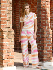 Women Pink & Off-White Crochet Stripes Scalloped Top With Pants