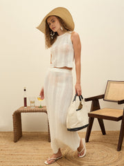 Women Off-White Crochet Round Neck Top With Straight Skirt