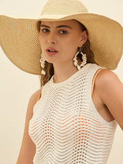 Women Off-White Crochet Round Neck Top With Straight Skirt
