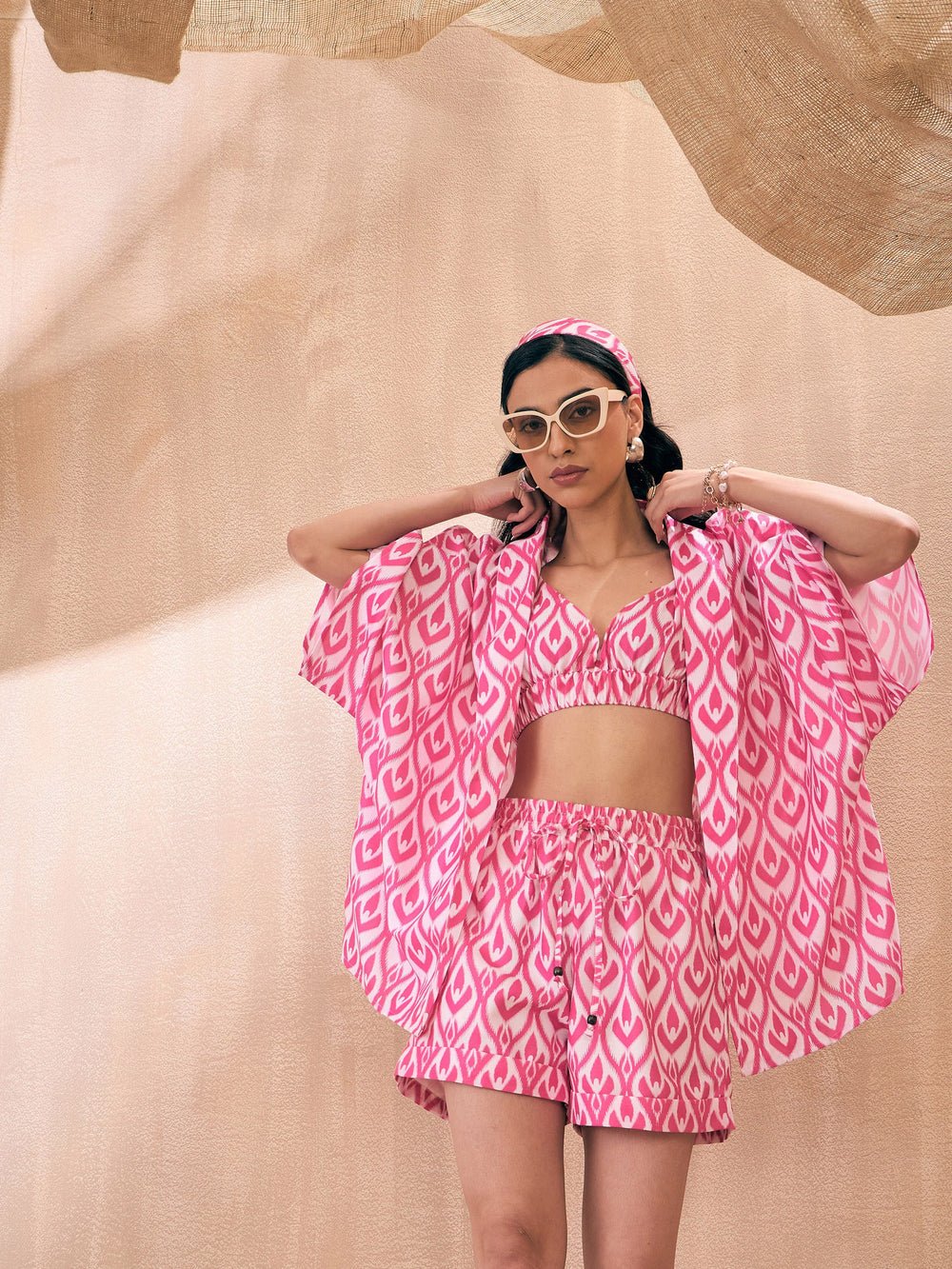 Sassafras - Women Yellow & Blue Ikat Shorts with Bustier and Shrug