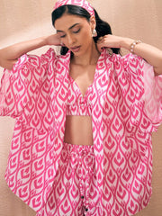 Sassafras - Women Yellow & Blue Ikat Shorts with Bustier and Shrug