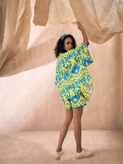 Sassafras - Women Yellow & Blue Ikat Shorts with Bustier and Shrug