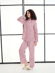 Women Maroon & White Stripes Lounge Shirt With Pants
