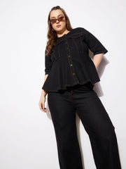 Women Black Denim Studded Peplum Top With Jeans