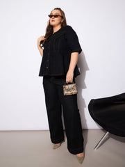 Women Black Denim Studded Peplum Top With Jeans