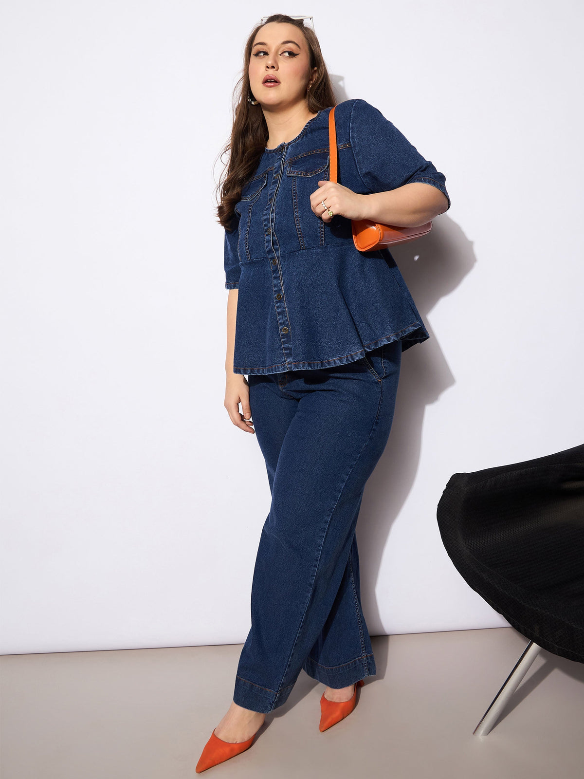 Women Navy Denim Studded Peplum Top With Jeans