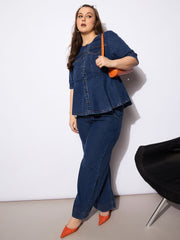 Women Navy Denim Studded Peplum Top With Jeans