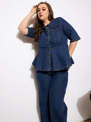 Women Navy Denim Studded Peplum Top With Jeans