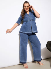 Women Blue Denim Metal Button Peplum Top With Jeans