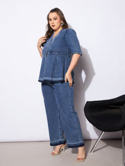 Women Blue Denim Metal Button Peplum Top With Jeans