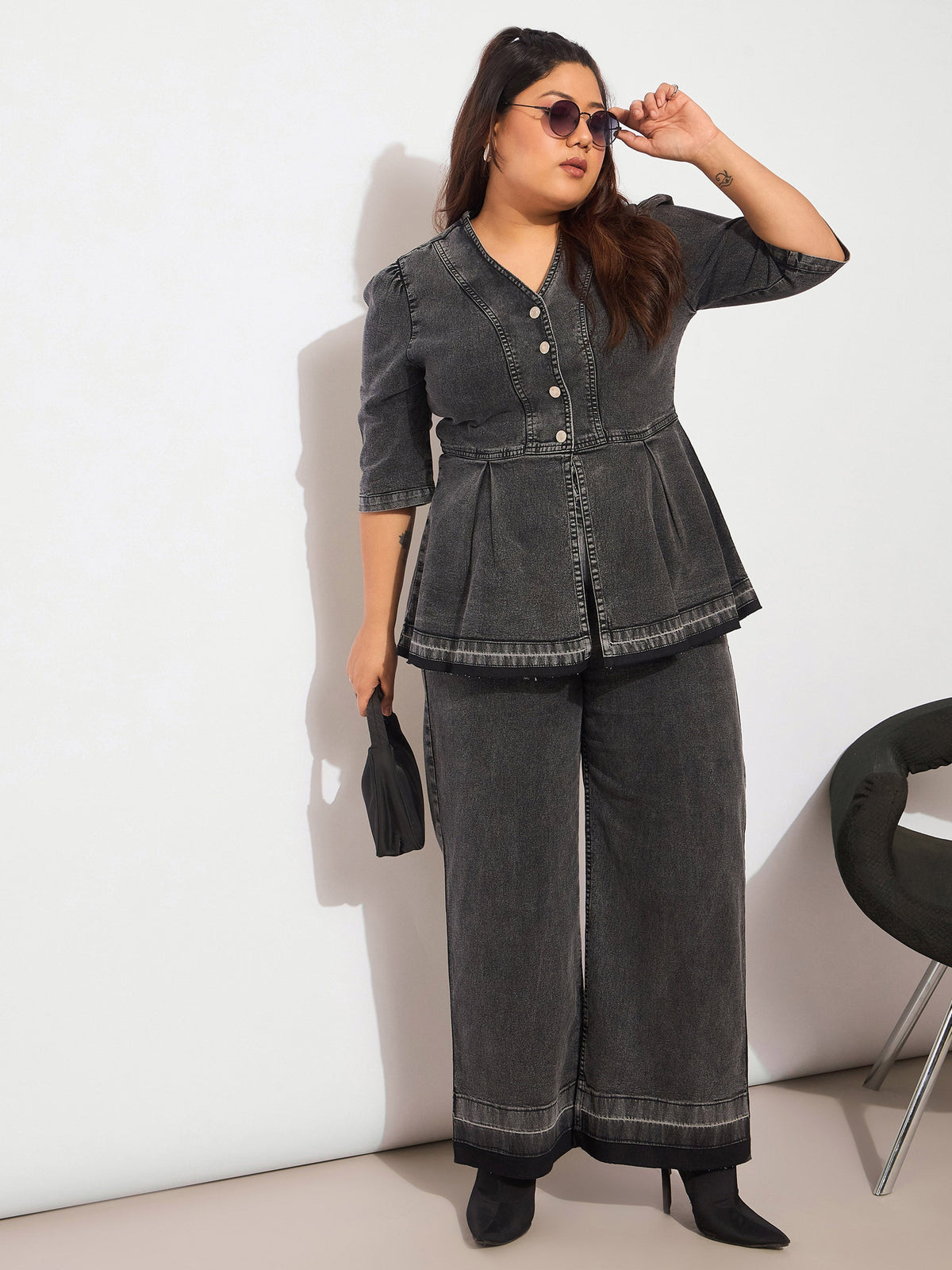 Women Black Denim Metal Button Peplum Top With Jeans