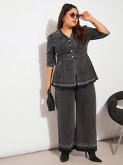 Women Black Denim Metal Button Peplum Top With Jeans