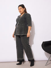 Women Black Denim Metal Button Peplum Top With Jeans