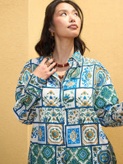 Women Blue & White Cambric Floral Shirt With Pants