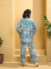 Women Blue & White Cambric Floral Shirt With Pants