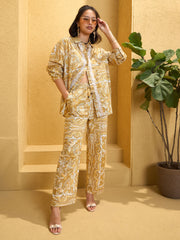 Women Yellow Cambric Floral Shirt With Pants