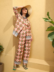 Women Red Cambric Floral Shirt With Pants