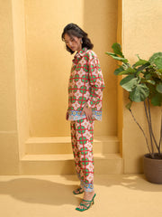 Women Red Cambric Floral Shirt With Pants