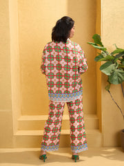 Women Red Cambric Floral Shirt With Pants