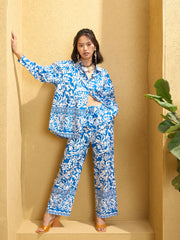 Women Blue & White Poplin Floral Shirt With Pants
