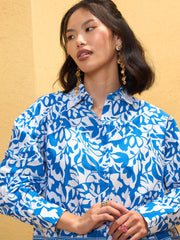 Women Blue & White Poplin Floral Shirt With Pants