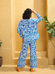 Women Blue & White Poplin Floral Shirt With Pants